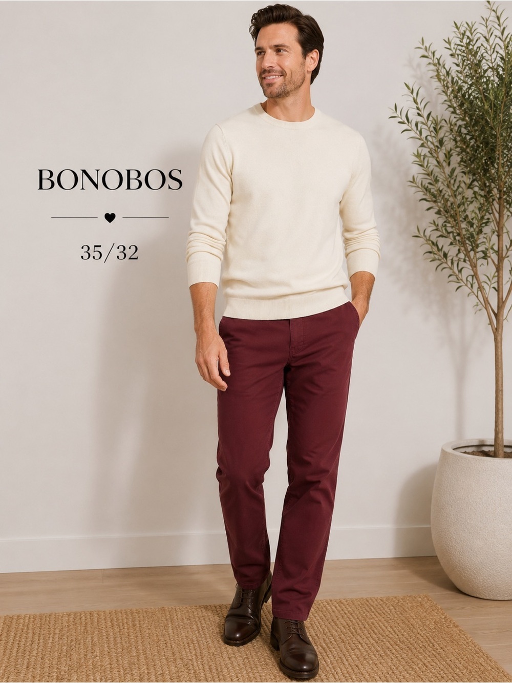 Bonobos Men’s Burgundy Chino Pants 35x32 Slim Tailored Stretch casual